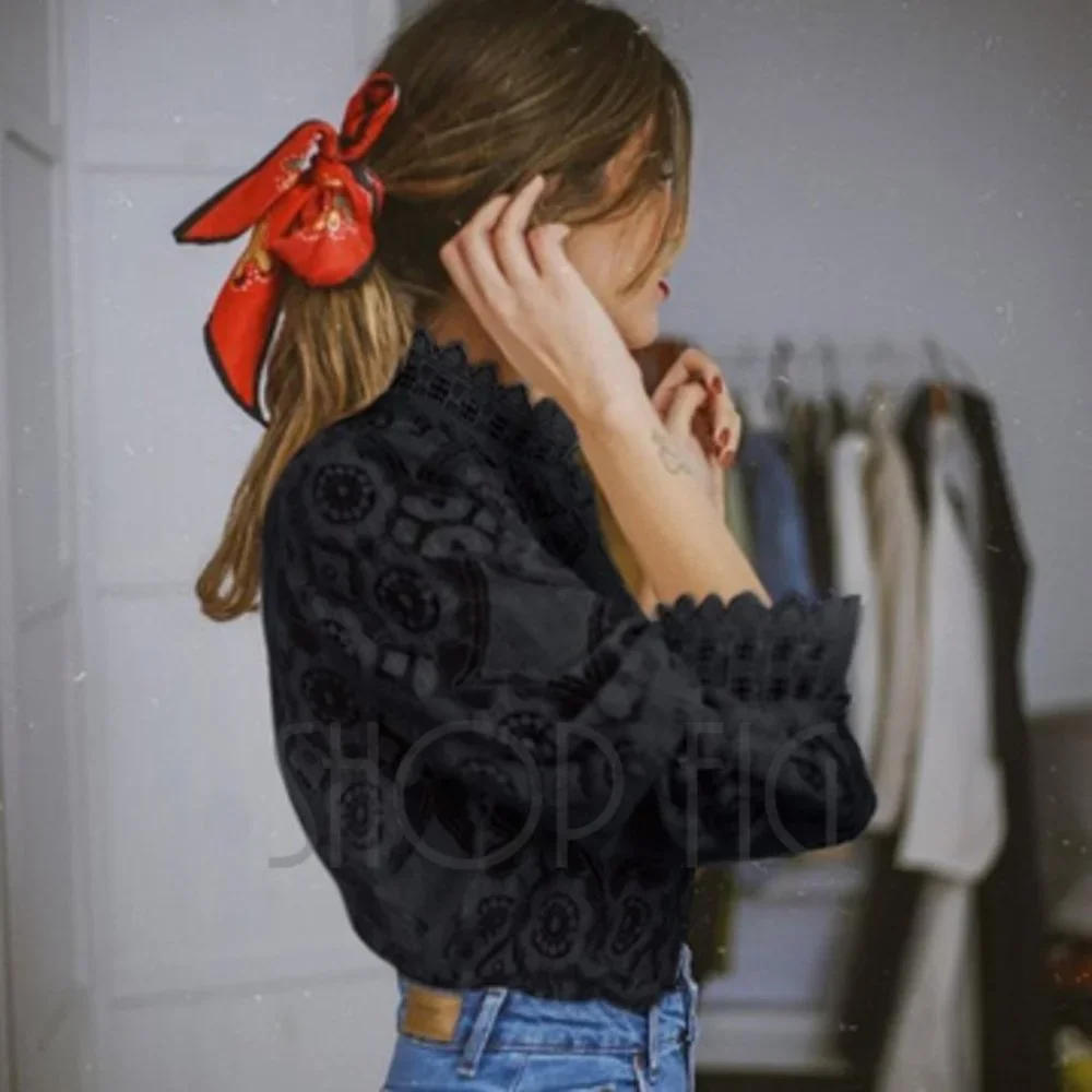 New Bohemian Black Lace Long Sleeve Blouse